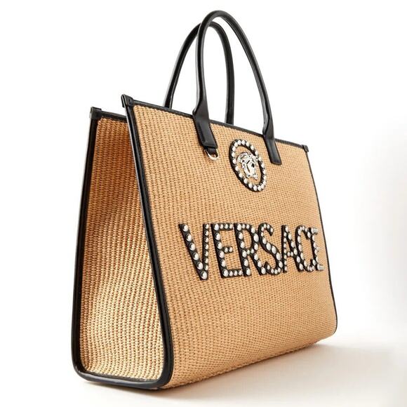 Versace Medusa La Vacanza Studded Raffia Leather Trim Large Tote Bag NWT $2,075 - Picture 3 of 16
